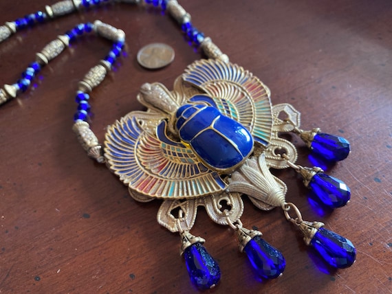 Czech Revival Winged Scarab Solar Disk Pendant Ne… - image 1