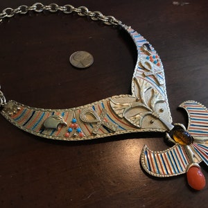 Vintage Egyptian Revival Gold Winged Scarab Pectoral Breastplate Necklace Khepri Emerging Sun God Lotus Blossom Ankh Runway Statement Falcon