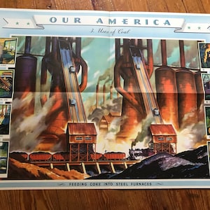Complete 1949 Set Coca Cola Our America - Coal Industry WWII Era Educational Posters for Teachers  Retro Steampunk Litho Original Coke Ad