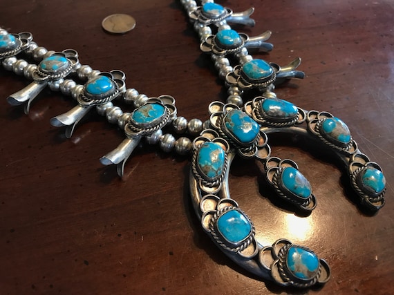 162 Grams Heavy Native American Navajo Turquoise Sterling Silver Squash Blossom Necklace 162 Grams Heavy Native American Navajo Turquoise Sterling Silver Squash Blossom Necklace