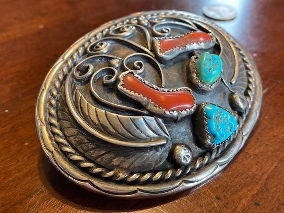 Signed Navajo Turquoise Coral Sterling Silver Belt Buckle KM