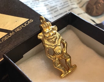 Egyptian Revival God of Childbirth Bes Gold Pendant - Vintage Alva Museum Replicas - Protector God of Children and Pregnant Women - Humor