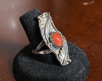 Vintage Navajo Sterling Silver Coral Feather Ring - Southwest Indian Hand Made Native American Signed Antique Old Pawn - Earth Mother