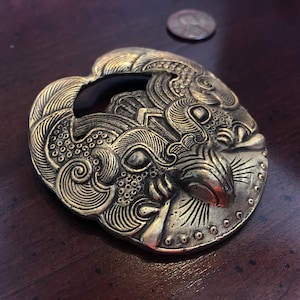 Chinese Animal Mask - Large Gold Medallion Brooch  Vintage Alva Museum Replicas Taotich Shang Dynasty Asian Revival Bird Quetzalcoatl Tribal