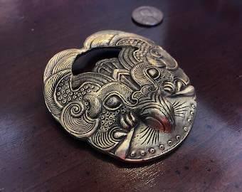 Chinese Animal Mask - Large Gold Medallion Brooch  Vintage Alva Museum Replicas Taotich Shang Dynasty Asian Revival Bird Quetzalcoatl Tribal
