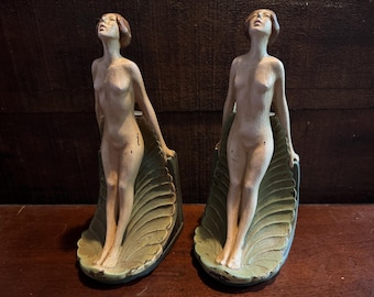 Vintage Daydream Girl Bookends  Art Nouveau Sculpture Nymph Art Deco Risque Woman - Ronson Stye 1920s Flapper - Bookworm Book Club