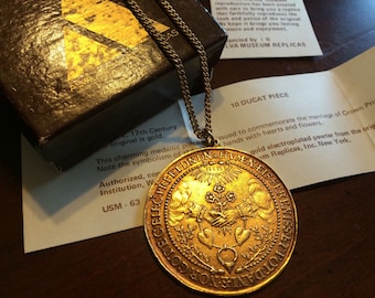 Vintage Gold Marriage 10 Ducat Piece Pendant Necklace Alva Museum Replicas Clasped Hands Hearts Flowers Coin Denmark 17th Century Engagement