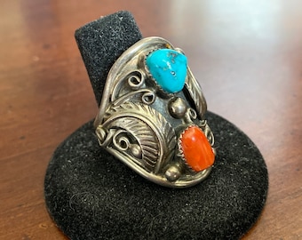 Antique Navajo Old Pawn Sterling Silver Coral and Turquoise Ring - Southwest Indian Hand Made Native American Dead Vintage Statement Ring