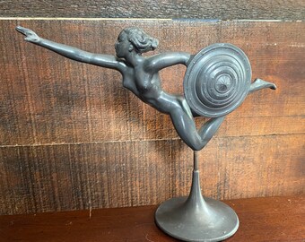 Antique Jericho Statue by Raymonde Guerbe Nude Warrior Girl 1920s Spelter Sculpture Naked Vintage Valkyrie Art Deco Erotic Pierre Le Faguays