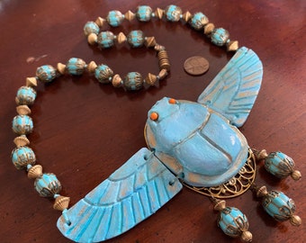 Vintage London Fashion Week Necklace - Czech Revival Faience Winged Scarab Rebirth Amulet Egyptian Pectoral Breastplate Runway Khepri