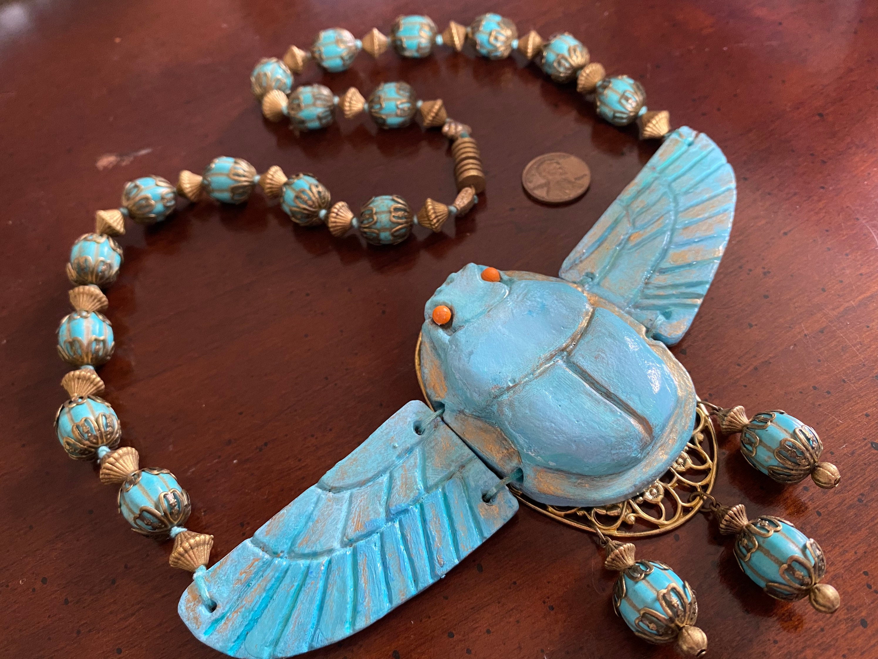 Vintage Blue Faience Winged Sacred Scarab Necklace Rebirth Amulet