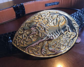 Vintage 80s Genuine Peacock Feather and Brown Leather Belt