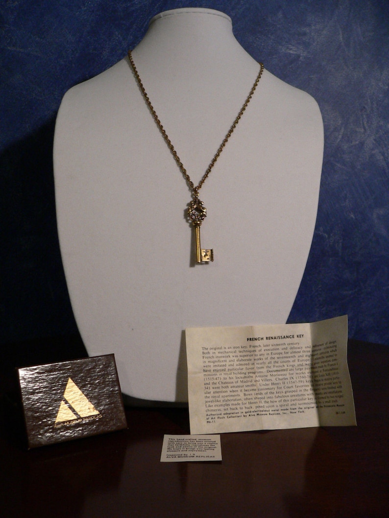 Gold French Renaissance Skeleton Key Necklace - Two Ornate Winged ...