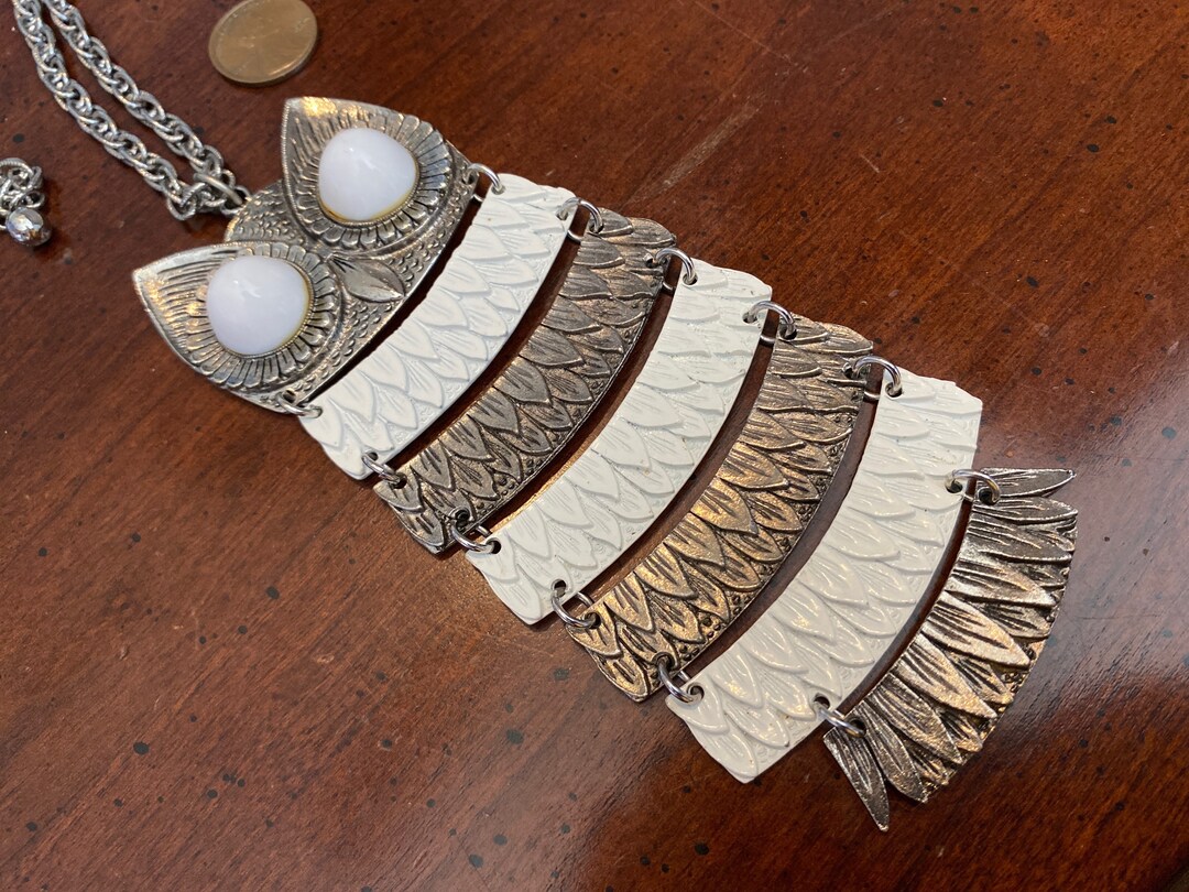 Vintage Articulated Owl Necklace White Cabochon Glass Eyes Runway