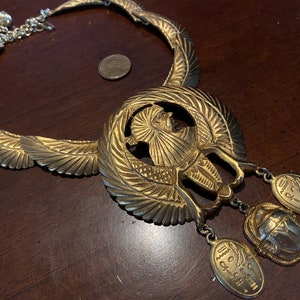 Kenneth Lane Winged Egyptian Revival Gold Scarab Cartouche Choker Necklace - Vintage Runway Statement KJL Wisdom Khepri Falcon Wings