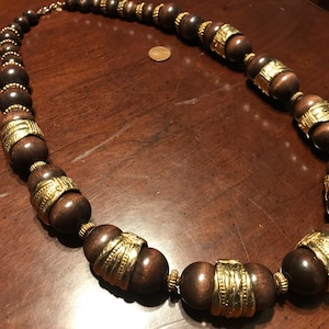 Vintage CADORO Wood Bead and Gold Ring Necklace - Runway Statement - Tribal Ethnic - Chunky -