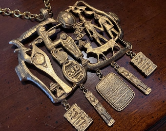 Early Kenneth Lane Egyptian Revival Gold Storyteller Necklace - Vintage Runway Statement KJL Jay Hathor Bull Scarab Cartouche Khepri Sun God