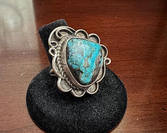 Vintage Navajo Turquoise Sterling Silver Ring - Southwest Indian Hand Made Native American Dead Old Pawn Statement - Royston Boulder