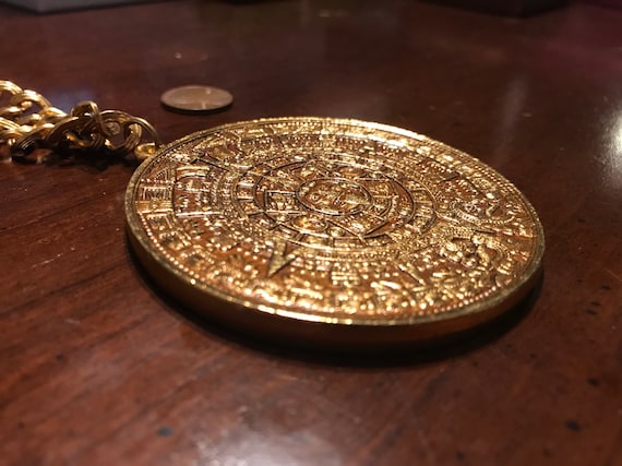 Gold Aztec Calendar Stone Necklace - Vintage Alva Museum Replicas