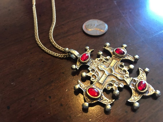 Russian Gold Amulet Cross W Red Garnet Cabochons Pendant