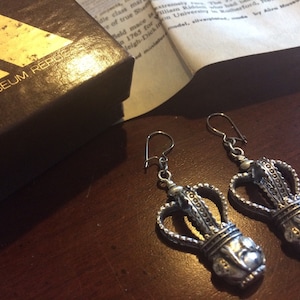 Vintage Silver Mace Statement Drop Dangle Earrings - Sheffield Mace - Alva Museum Replicas - Crown - Original Box and Paperwork