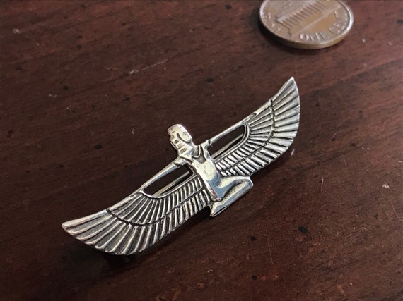 Vintage Sterling Silver Winged Moon Goddess Isis Brooch  Kneeling Isis Outstretched Wings Egyptian Revival - Ma'at Nut - Goddess of Magic