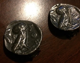 Goddess of Wisdom Athena Owl Clip On Earrings - Vintage Alva Museum Replicas - Tetradrachm Silver Greek Coin - Alpha Omega Epsilon