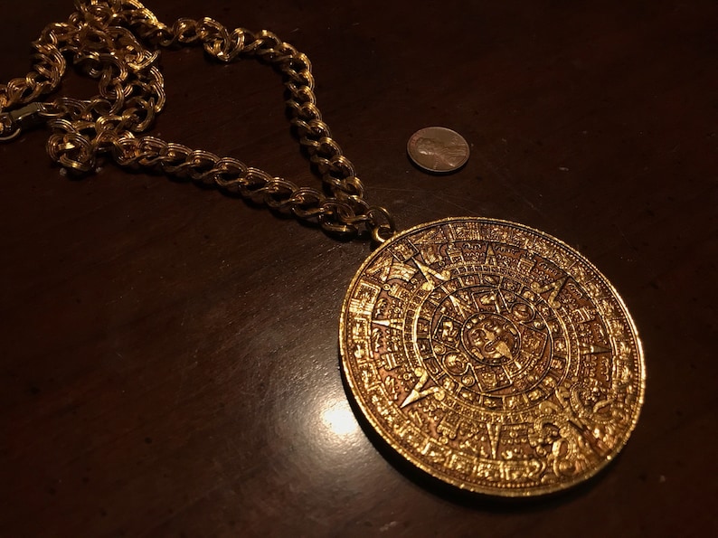 Gold Aztec Calendar Stone Necklace Vintage Alva Museum Etsy