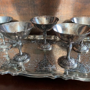 Vintage Set of Gorham Silver Wine Goblets and Serving Tray Retro Barware Silver Plated Drinkware Water Cordial Martini Glass Bar Accessories