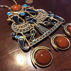 Vintage Modele Adrian Mann London Bib Necklace Winged Scarab Khepri Uraeus Wadjet - Egyptian Revival Enameled God of the Emerging Sun
