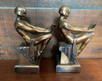 Antique Ronson Pair of Flapper Girl Bookends 1920s Vintage Metal Woman Reading Book Erotic Art Deco Nymph Naked Flapper Aronson Bronze