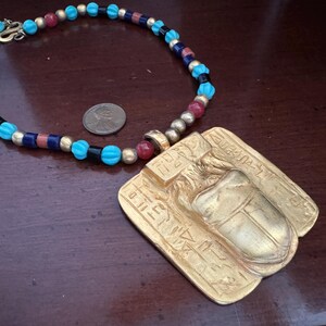 Egyptian Revival Gold Scarab Cartouche Pendant Necklace - Vintage Kenneth Lane Runway Statement KJL Wisdom Khepri Emerging Sun God