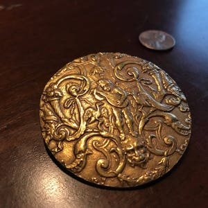 Gold Italian Cupid Playing Lute Medallion Brooch Pin - Vintage Alva Museum Replicas - Lion Mask Acanthus Leaves Jesters Birds