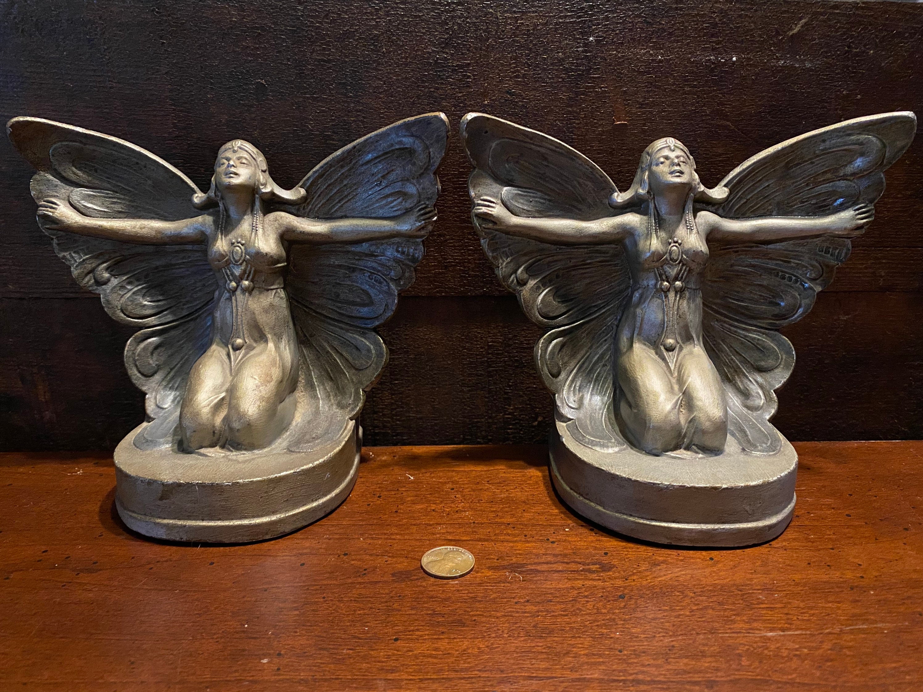 Antique 1927 Butterfly Girl Fairy Bookends Art Deco Heavy Etsy UK