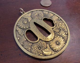 Gold Chrysanthemum Sword Guard Pendant - Vintage Alva Museum Replicas - Tsuba Flower Disk Medallion - Goto Seijo