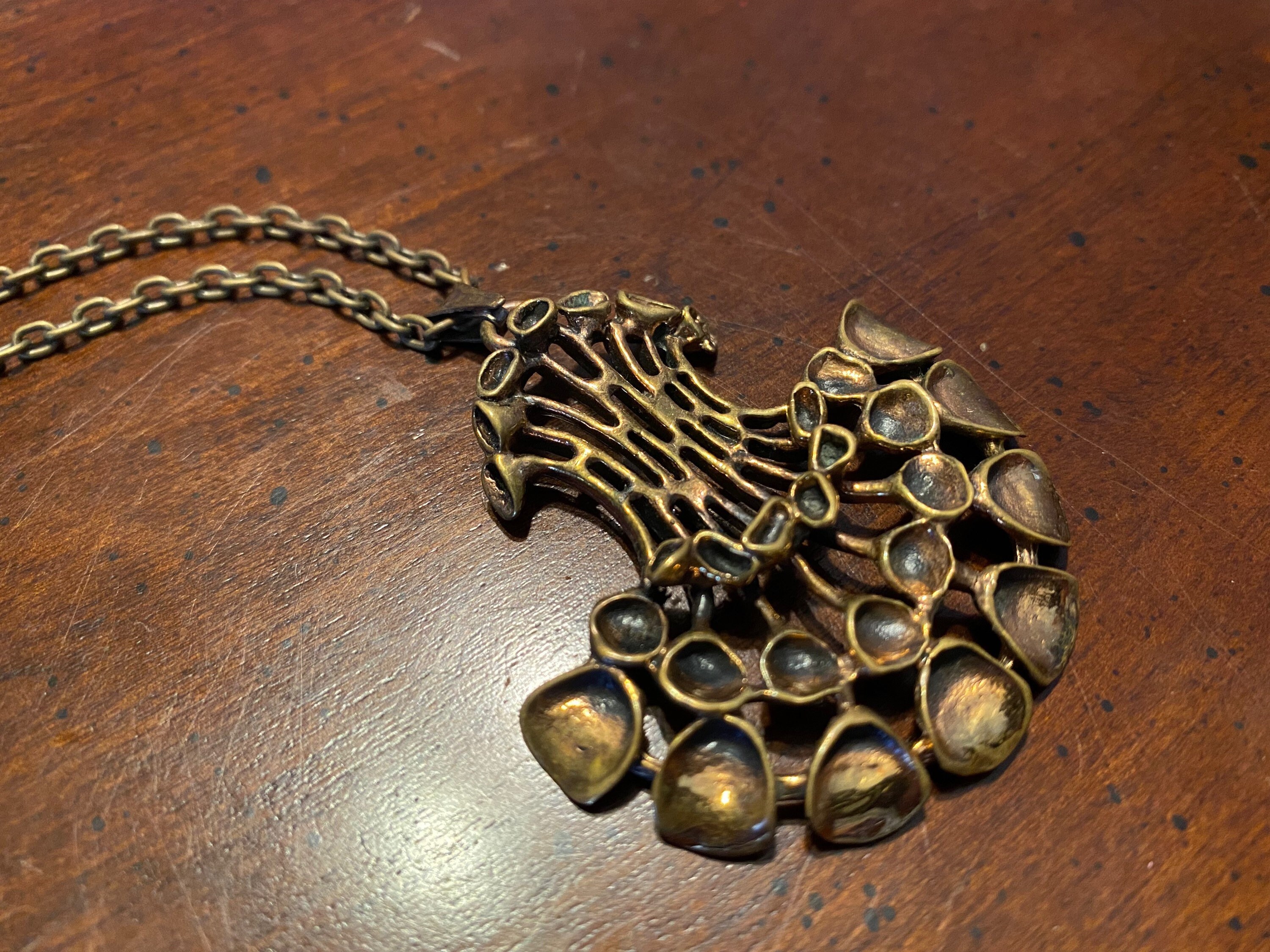 Hannu Ikonen Bronze Reindeer Moss Half Moon Necklace - Large Solid Bronze - Vintage Finland Modernist Scandinavian Renmoosblüte Iceland Moss