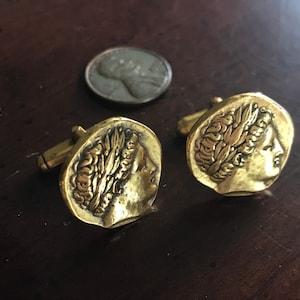 Vintage Greek Sun God Apollo Gold Coin Statement Cufflinks - Alva Museum Replicas - Greek Revival Cuff Links  Original Box - Victory