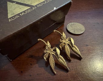Vintage 1970's Gold Leaf Menuki Earrings - Sword Ornament - Alva Museum Replicas - Sacred Grass Cannabis Hemp Marijuana