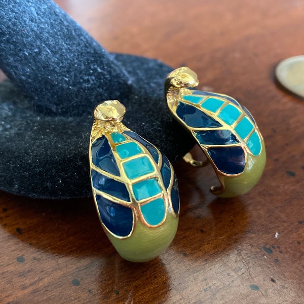 Hattie Carnegie Enameled Cobra Earrings - Serpent Goddess Wadjet Gold Blue Turquoise Enamel Clip On - Vintage Egyptian Revival - Uraeus