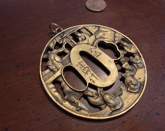 Gold Sword Guard Tsuba Pendant Japanese Figures Playing a Game of Go - Chunky - Vintage Alva Museum Replicas