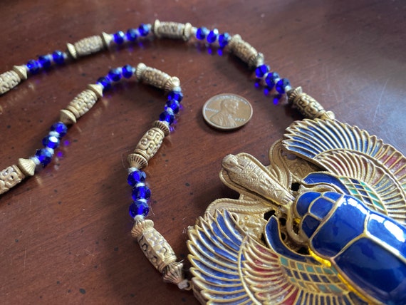 Czech Revival Winged Scarab Solar Disk Pendant Ne… - image 3