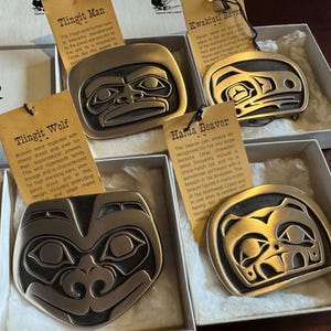 Vintage Bronze Belt Buckle - Rainbow Metals - Tlingit Wolf Man Haida Beaver Kwakiutl Raven - Indigenous People of Pacific Northwest