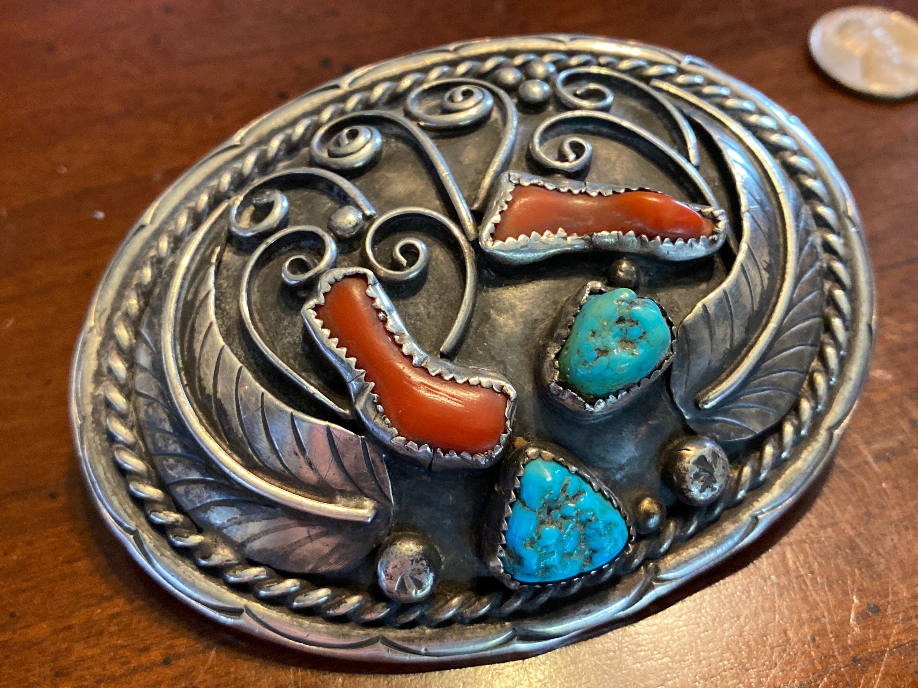Signed Navajo Turquoise Coral Sterling Silver Belt Buckle KM