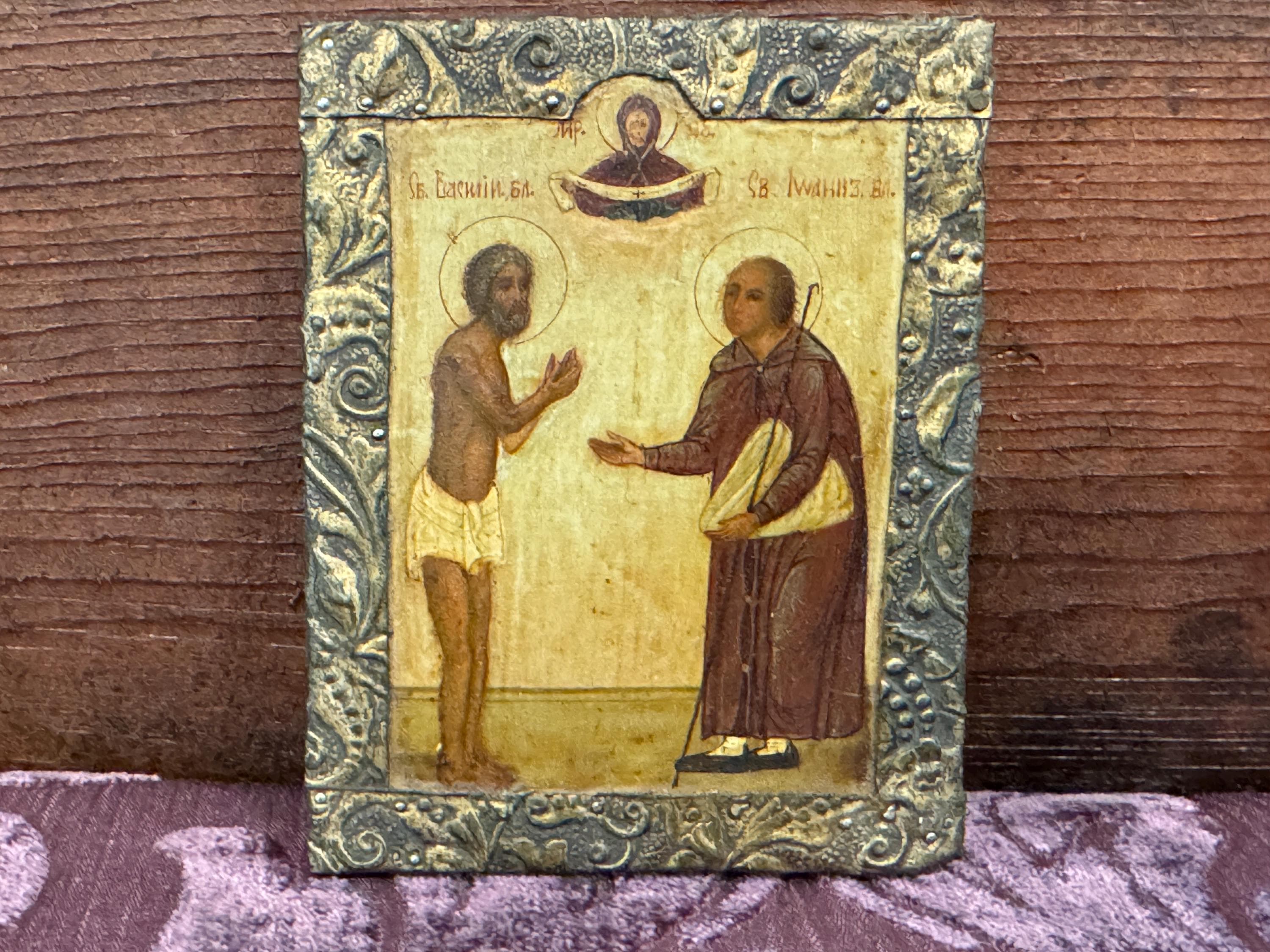 ロシア正教のイコン 手彫り アンティーク～18世紀ロシア正教イコン「聖愚者キリスト・ワシリイと