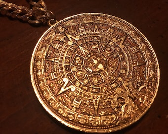 Gold Aztec Calendar Stone Necklace - Vintage Alva Museum Replicas Sun Disk Tribal Medallion - Fire Serpents Tizoc Sun God