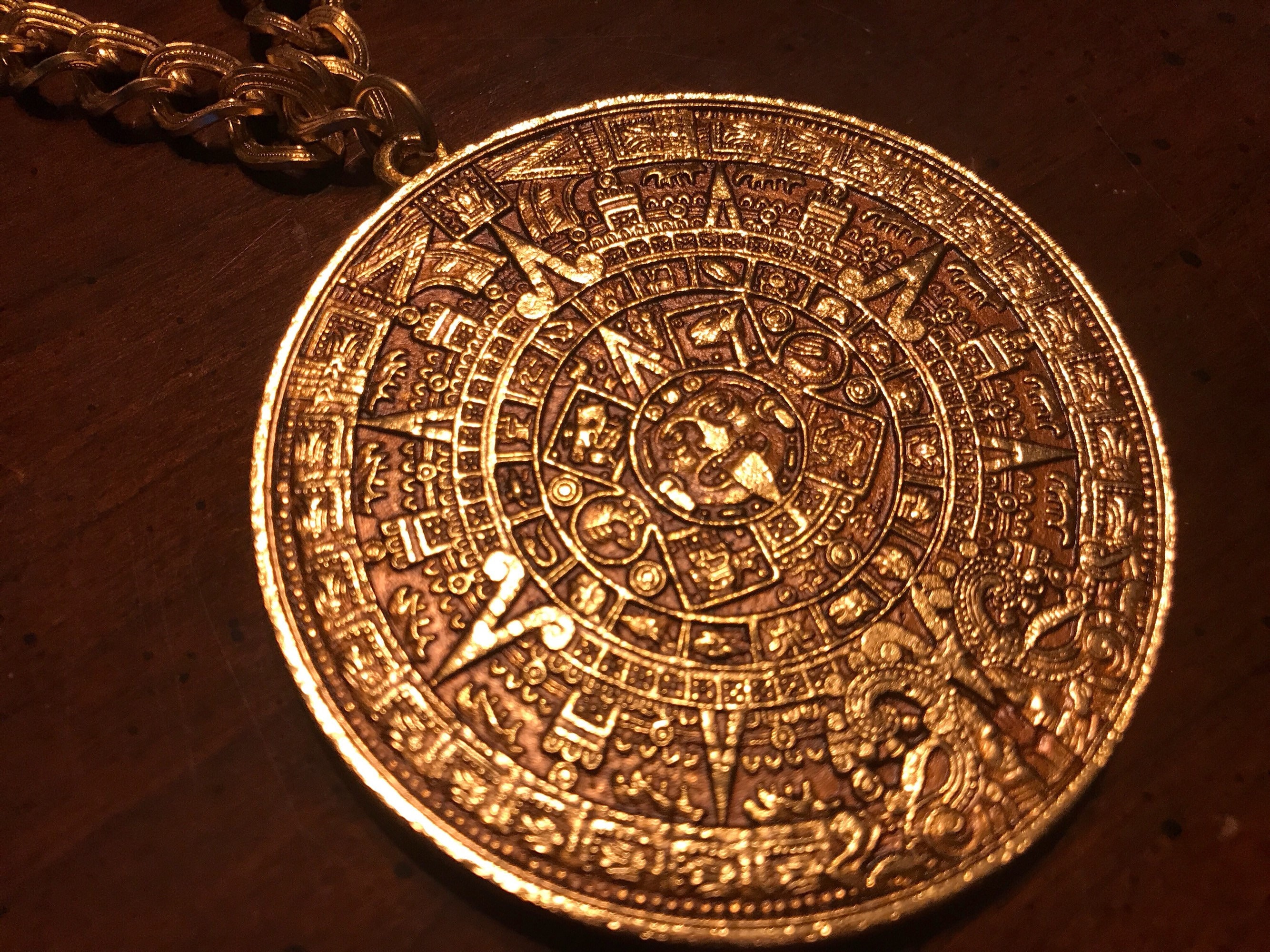 Gold Aztec Calendar Stone Necklace - Vintage Alva Museum Gold Aztec Calendar Stone Necklace - Vintage Alva Museum