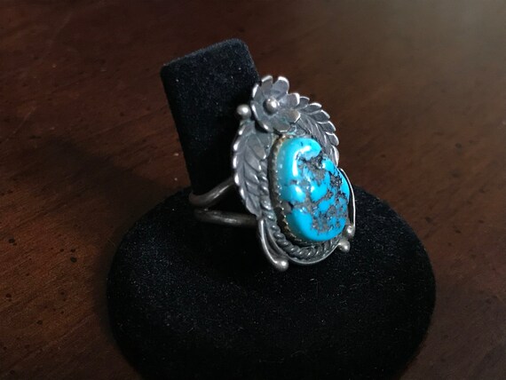 Deepset Bisbee Turquoise Vintage Native American Jewelry Navajo Sterling Silver Ring Old Deepset Bisbee Turquoise Vintage Native American Jewelry Navajo Sterling Silver Ring Old