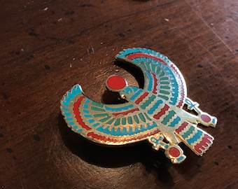 Vintage HKLJ Egyptian Revival Horus the God of Justice Falcon Brooch - Ankh Sky Hawk Key Life Solar Disk - Gold Enameled Falcon Bird Pin