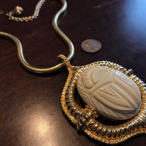 Kenneth Lane Egyptian Revival Gold and French Ivory Scarab Dangle Enhancer Pendant Necklace - Vintage Runway Statement KJL - Celluloid