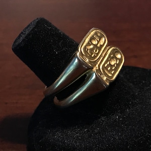 Puede incluir: Un anillo de plata con dos diseños de escarabajo dorado en la parte superior. El anillo está en un expositor de anillos de terciopelo negro.